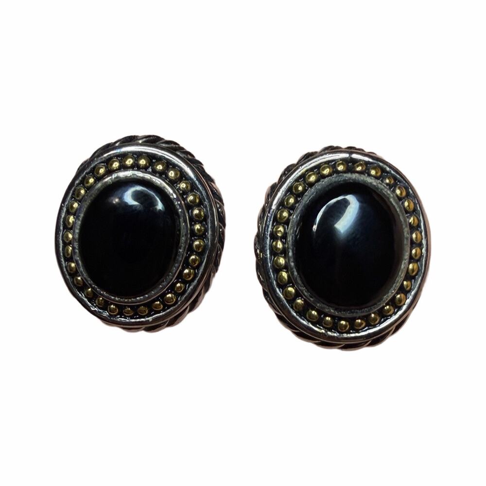 Black Onyx And Silver Clip On Earring. 925 Sterling Silver